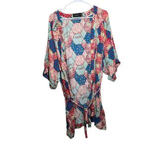 Mink Pink Cardigan Women's M/L Colorful Sweater Tie Artsy Colorful Kimono